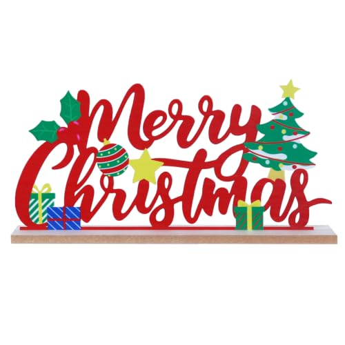 Merry Christmas Indoor Metal Sign with Wooden Base - Farmhouse Rustic Holiday Decor