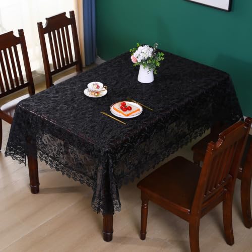 Large Black Lace Tablecloth 140 Inch Rustic Farmhouse Rose Jacquard