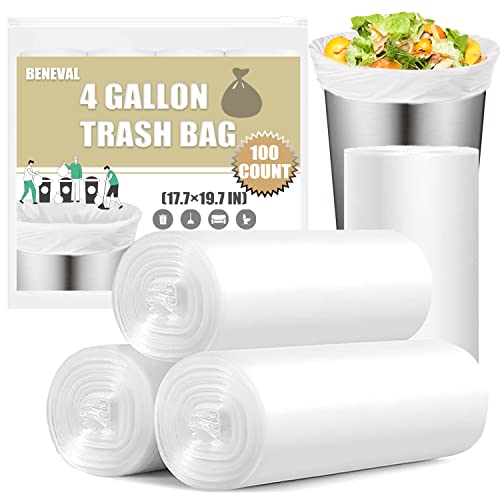 4 Gallon Small Trash Bags - 100 Count White Leakproof Garbage Can Liners