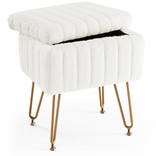 Faux Fur Vanity Stool Chair with Hidden Storage & Gold Metal Legs