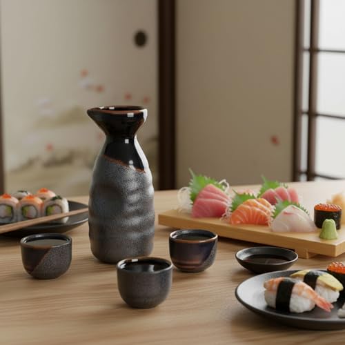 Japanese Sake Set Ceramic 5-Piece Black Kuro Oribe Gifu Japan