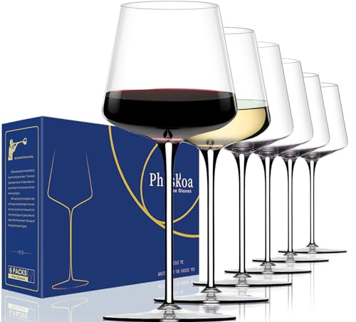 Physkoa Set of 6 Red Wine Glasses - 18oz Hand Blown Crystal Tall Stem Modern Square Bowls