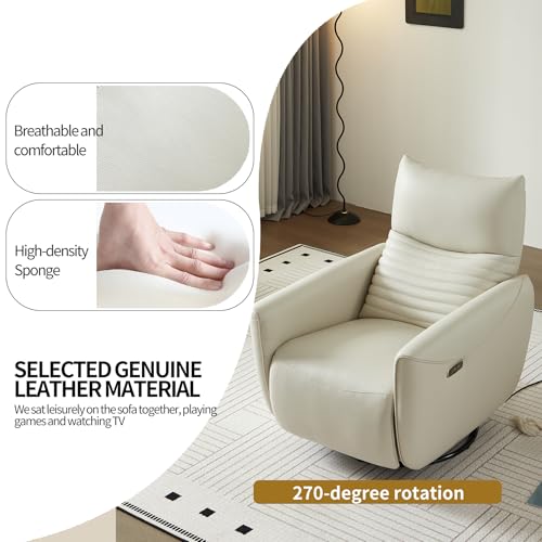 Power Recliner Glider Rocker Chair with 270° Swivel, Beige Leather