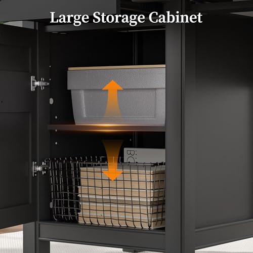 62-Inch Farmhouse L-Shaped Desk with File Cabinet and Power Outlets