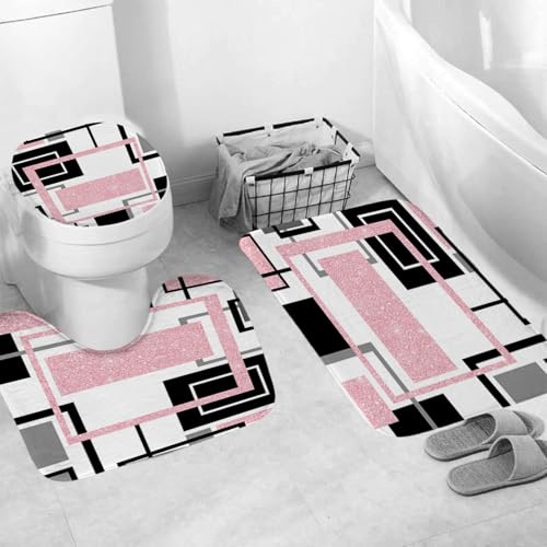 4-Piece Pink Geometric Shower Curtain Set with Non-Slip Bathroom Rugs