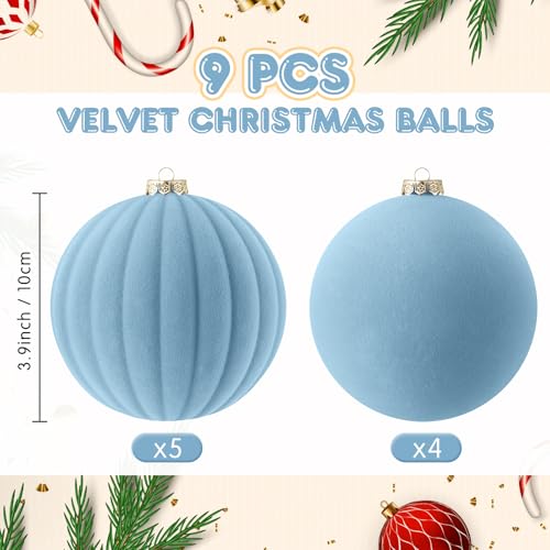 Syhood 4 Inch Dusty Blue Velvet Christmas Ornaments - 9 Pack Large Holiday Balls