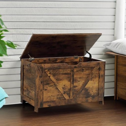 Kavonty Storage Chest, Storage Bench, Retro Toy Box Organizer with U-Shaped Cut-Out Pull, 29.5" L×15.7" W× 17.7”H, Entryway Storage Bench with 2 Hinges,Supports 300 lb, Easy Assembly, Rustic Brown