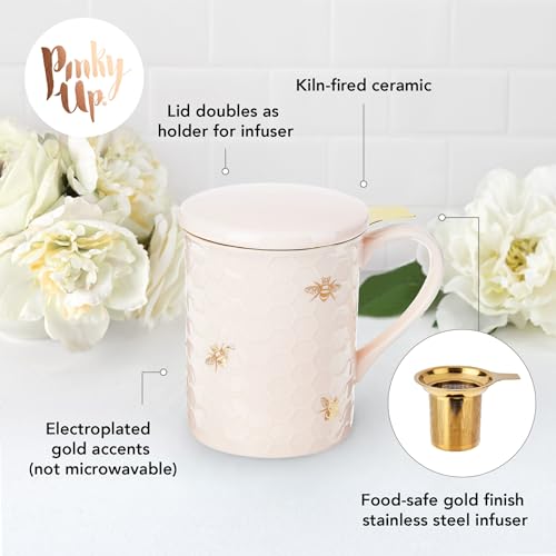 Honeycomb Pink 12oz Ceramic Tea Cup with Infuser & Lid - Travel Mug Set of 1