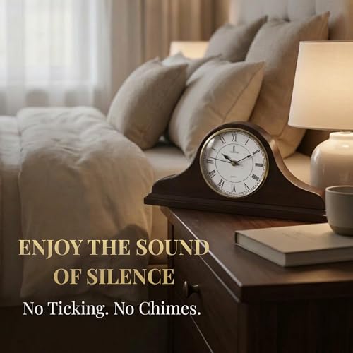 Solid Wood Mantel Clock, Silent Non-Chiming Battery Operated Table Clock