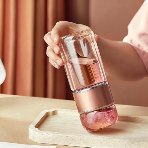 Yosoo Health Gear Rose Gold 420ml Double Layer Stainless Steel Tea Infuser Bottle – Leak Proof, Reusable Water Bottle for Office & Travel
