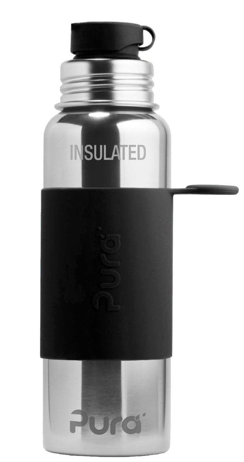 Pura Insulated Stainless Steel 22oz Sport Water Bottle | BPA Free & Plastic Free Silicone Sleeve & Spill Proof Lid for Kids & Adults - Black