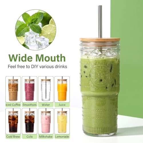 24 oz Glass Tumbler with Bamboo Lid & Reusable Stainless Steel Straw for Iced Coffee