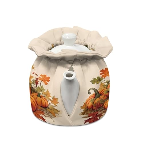 Pumpkin Print Cotton Tea Cozy - Insulated Teapot Cover with Drawstring