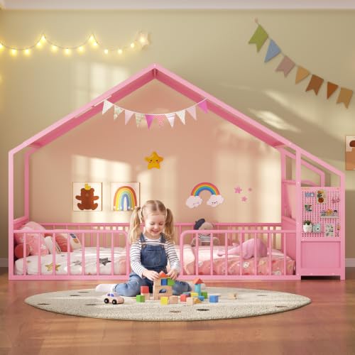 Montessori House Floor Bed with Reading Nook, Storage Drawers & Guardrails