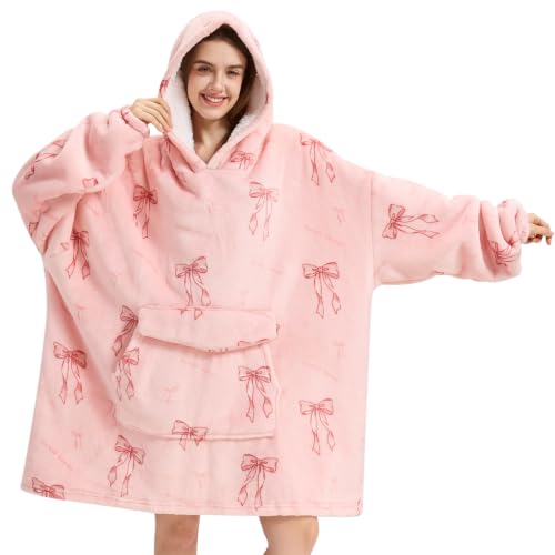 Pink Bow Wearable Blanket Hoodie Oversized Sherpa Sweatshirt for Women Men