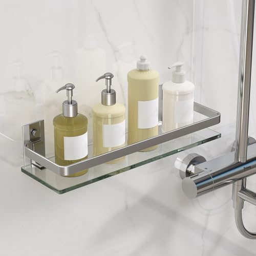 Wall-Mounted Tempered Glass Bathroom Shelf with Matte Silver Guardrail