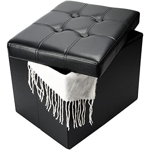 Folding Faux Leather Storage Ottoman - Padded Footstool Bench (17x13 In)