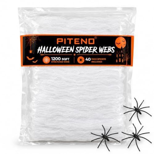 Piteno Stretchable Halloween Spider Webs with 40 Fake Spiders - 1200 Sq Ft White Cobwebs for Indoor and Outdoor Yard Decor