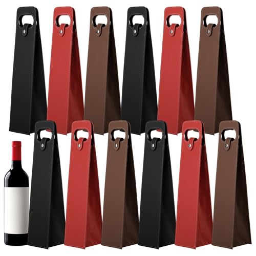 12 Pack PU Leather Wine Gift Bags Reusable Single Bottle Carrier with Handle & Closure