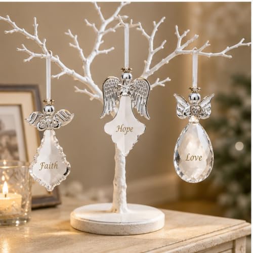 Set of 6 Crystal Angel Christmas Ornaments with Gold Lettering - Faith Hope Love Religious Holiday Decor