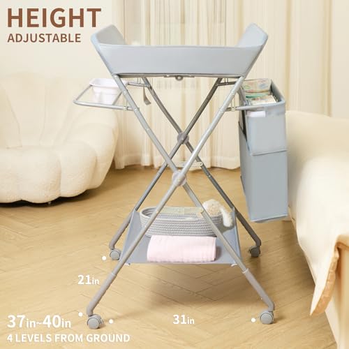 Foldable Baby Changing Table with Wheels, 4-Level Adjustable Height Station