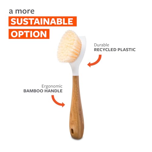 Bamboo Handle Dish Scrub Brush with Built-In Scraper for Pots & Pans