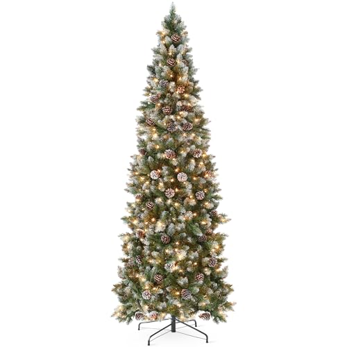 6ft Pre-Lit Slim Pencil Christmas Tree with 250 Lights & Pine Cones