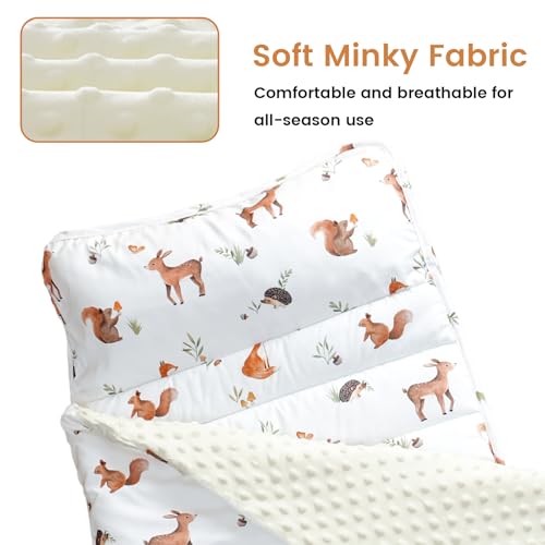 Toddler Nap Mat with Pillow and Minky Fleece Blanket, 55"x23" Woodland Animal