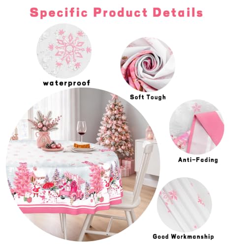 Pink Christmas Oval Tablecloth 60x120 Inches with Snowman Santa Truck Decor