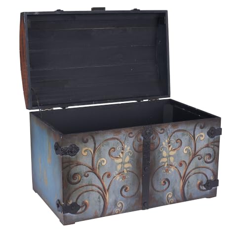 Large Vintage Wood Storage Trunk with Floral Design and Metal Accents