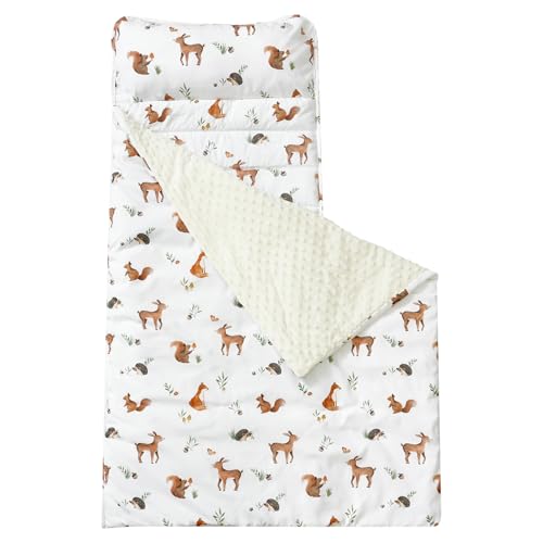Toddler Nap Mat with Pillow and Minky Fleece Blanket, 55"x23" Woodland Animal