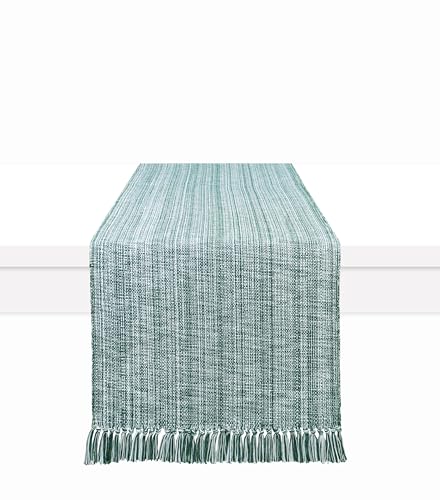 Chambray Table Runner with Fringes - Forest Green & H.White