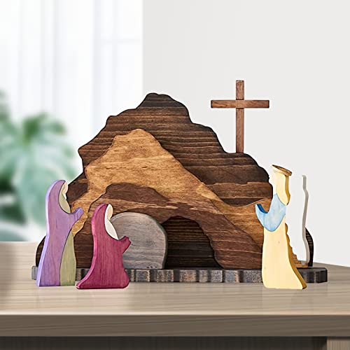 Wooden Easter Resurrection Scene Set, Empty Tomb and Cross Decor