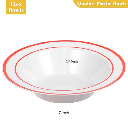 Goodluck 50 Pack Red Rim Plastic Bowls - Disposable 12oz Party & Dinnerware