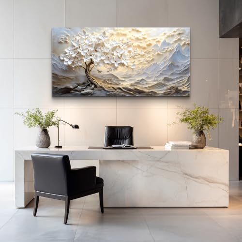 Large White Tree of Life Canvas Wall Art - Mountain Floral Decor