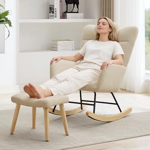 Upholstered Nursery Rocking Chair and Ottoman with High Backrest