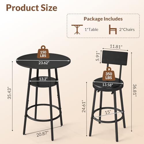 3-Piece Pub Table and Bar Stool Set with Cushioned Seats - Black