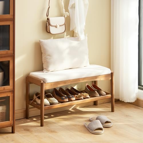 2-Tier Bamboo Shoe Bench with Padded Seat - Entryway Storage Organizer