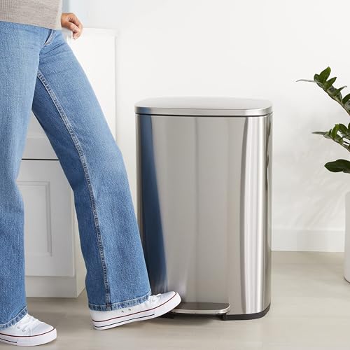 Large Stainless Steel Trash Can, 13.2 Gallon Rectangular Step Bin with Soft-Close Lid
