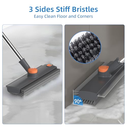 3-in-1 Long Handle Floor Scrub Brush with Squeegee & Stiff Bristles