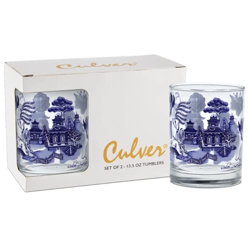 Blue Willow Double Old Fashioned Glasses Set - 13.5 Oz Lead-Free Tumblers
