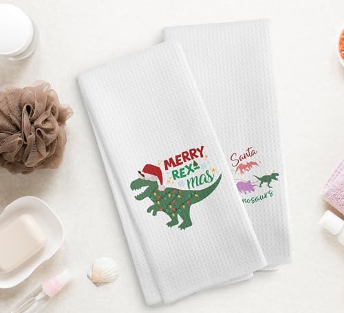 Christmas Dinosaur Kitchen Towels and Dishcloths Set of 2 - Merry Rexmas Santa T Rex Drying Cloths, 16x24 Inch, Home Decor Gift