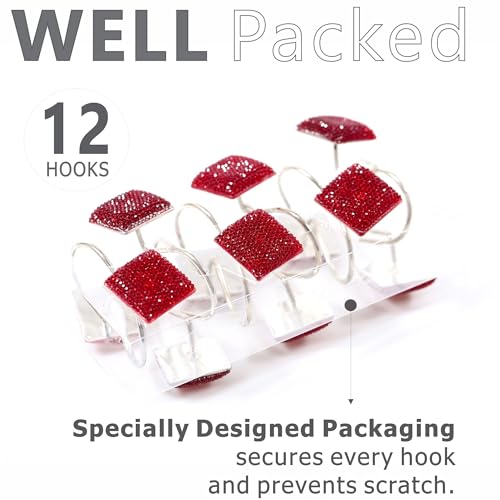 Red Bling Shower Curtain Hooks - Christmas Bathroom Rings, 12 pcs