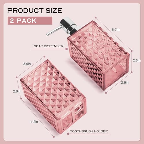 2-Piece Pink Bathroom Accessory Set, Diamond Pattern Soap Dispenser