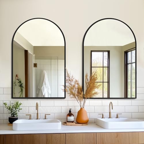 2-Pack 24x36 Arched Wall Mirror, Black Metal Frame Shatter-Proof Vanity Mirror