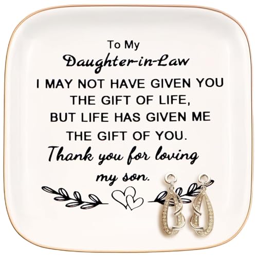 Daughter-in-Law Jewelry Dish Trinket Tray - Gift for Mother-in-Law, 4.33in Ceramic with Gold Rim