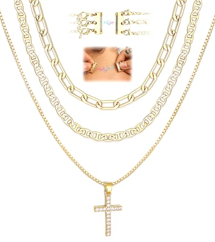 Krfy 3Pcs Gold Plated Cross Necklace Set with Magnetic Clasp for Women