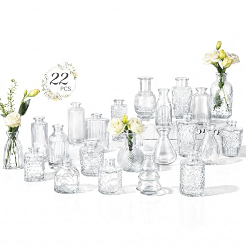 Clear Glass Bud Vases Set of 22 - Vintage Small Flower Vases for Centerpieces