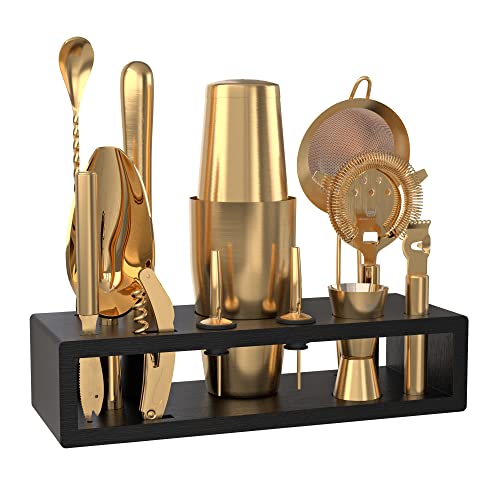 Highball & Chaser Antique Gold Bartender Kit with Bamboo Stand – Cocktail Shaker Set & Bar Tools