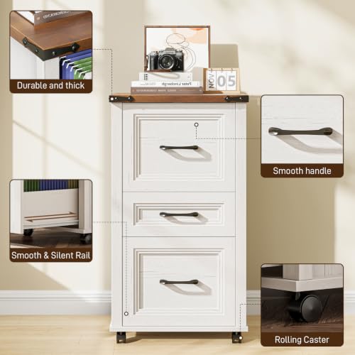 3-Drawer Mobile File Cabinet with Wheels, Rustic Farmhouse Printer Stand